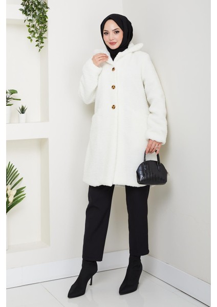 Kadın Kürk Kumaş Astarlı Düğmeli Beyaz Cepli Kaban fırsatları