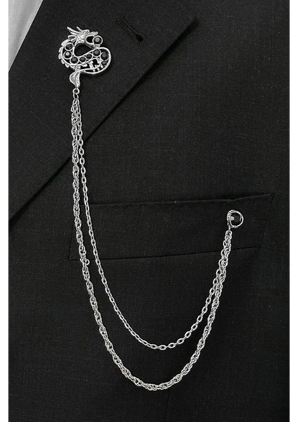 Gümüş Renk Ejderha Siyah Taşlı Ceket & Damatlık & Blazer Zincirli Yaka Aksesuarı