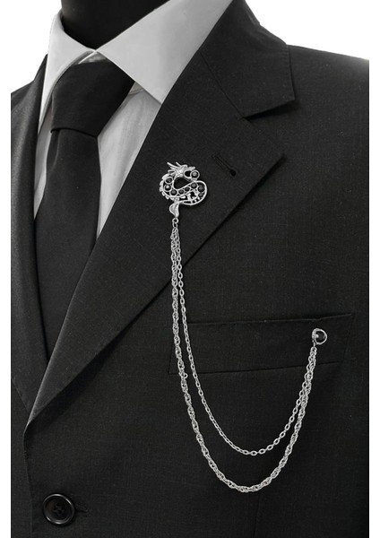 Gümüş Renk Ejderha Siyah Taşlı Ceket & Damatlık & Blazer Zincirli Yaka Aksesuarı modelleri