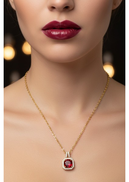 Altın Renk Kare Bordo Taş Sf Zincir Çelik Kolye - 3742