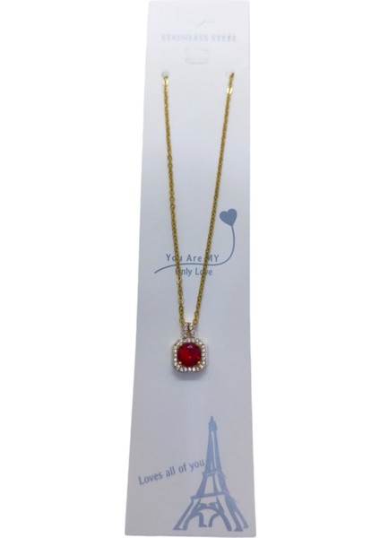 Altın Renk Kare Bordo Taş Sf Zincir Çelik Kolye - 3742 modelleri