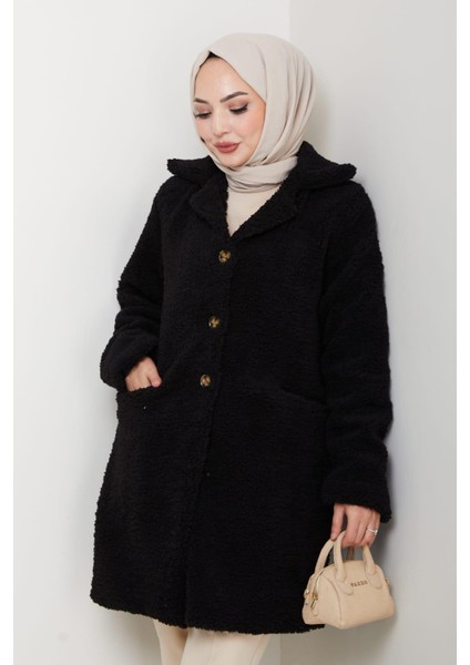 Kadın Kürk Kumaş Astarlı Düğmeli Siyah Cepli Kaban