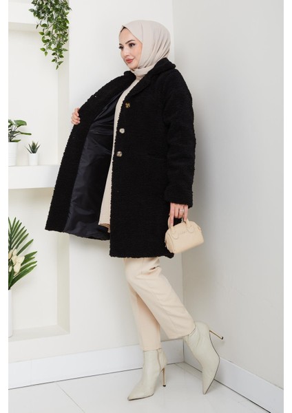 Kadın Kürk Kumaş Astarlı Düğmeli Siyah Cepli Kaban fiyatları