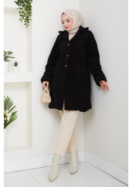 Kadın Kürk Kumaş Astarlı Düğmeli Siyah Cepli Kaban modelleri