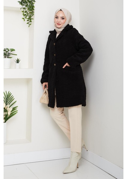 Kadın Kürk Kumaş Astarlı Düğmeli Siyah Cepli Kaban fırsatları