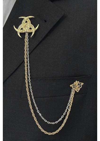 Gold Renk Üçleme Kelt Viking Ceket & Damatlık & Blazer Zincirli Yaka Aksesuarı