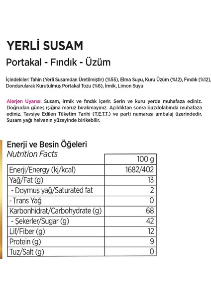 Yerli Susam Portakallı Fındıklı Üzümlü YAZ HELVASI 350 G fiyatları