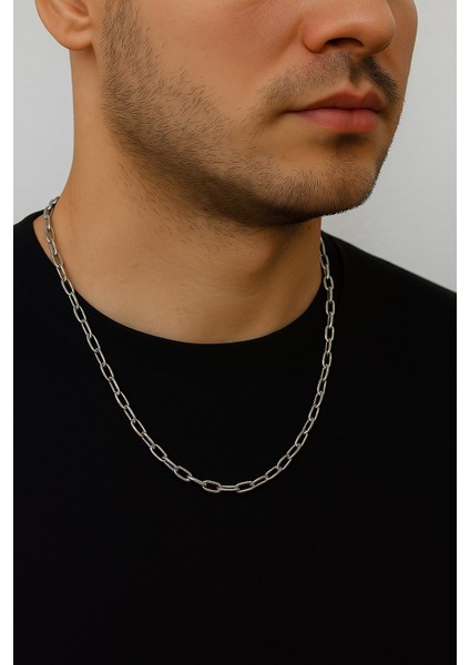 Gümüş Renk Oval Dikdörtgen Unisex Çelik Kolye - 3358