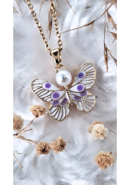 Incili Lila Çizgili Kelebek Figürlü Çelik Kolye