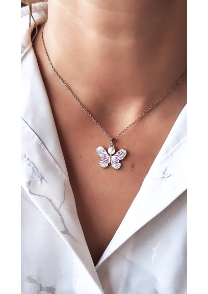 Incili Lila Çizgili Kelebek Figürlü Çelik Kolye fiyatları