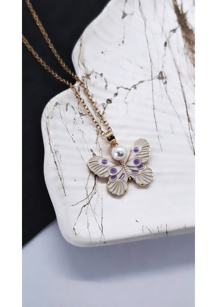 Incili Lila Çizgili Kelebek Figürlü Çelik Kolye modelleri