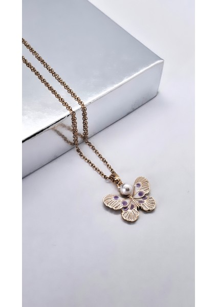 Incili Lila Çizgili Kelebek Figürlü Çelik Kolye indirimleri