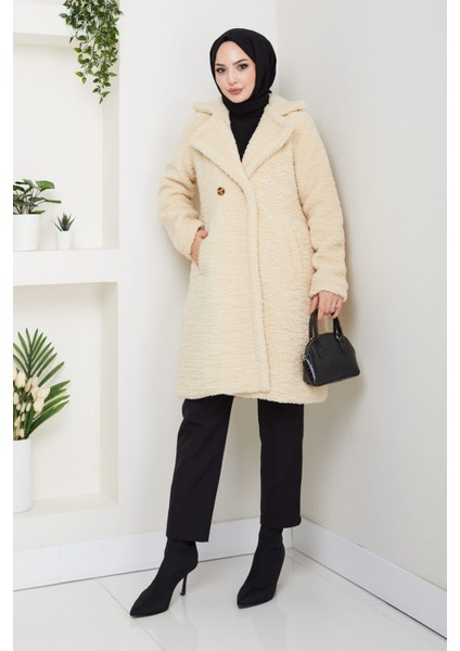 Kadın Kürk Kumaş Astarlı Düğmeli Bej Kaban
