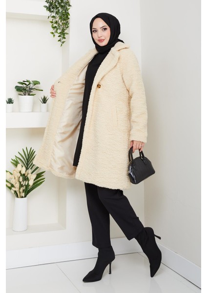 Kadın Kürk Kumaş Astarlı Düğmeli Bej Kaban fiyatları