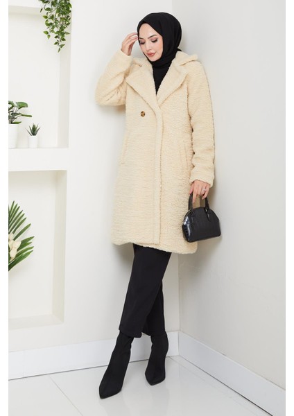 Kadın Kürk Kumaş Astarlı Düğmeli Bej Kaban modelleri