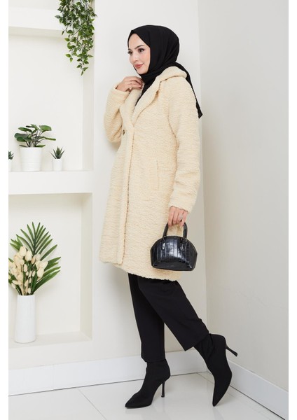 Kadın Kürk Kumaş Astarlı Düğmeli Bej Kaban fırsatları