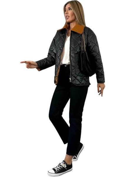 Kadife Yaka Kapitone Kadın Mont Siyah