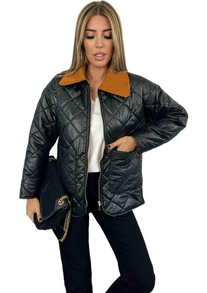 Kadife Yaka Kapitone Kadın Mont Siyah fiyatları