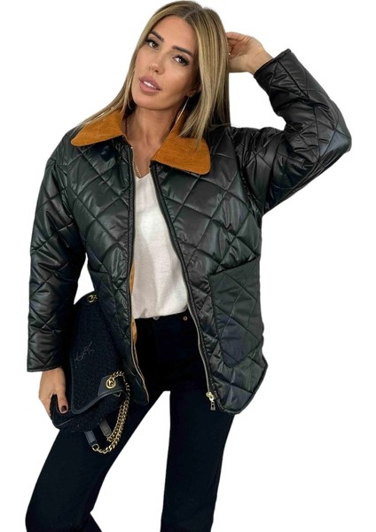 Kadife Yaka Kapitone Kadın Mont Siyah modelleri