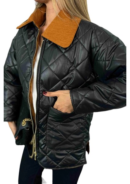 Kadife Yaka Kapitone Kadın Mont Siyah fırsatları