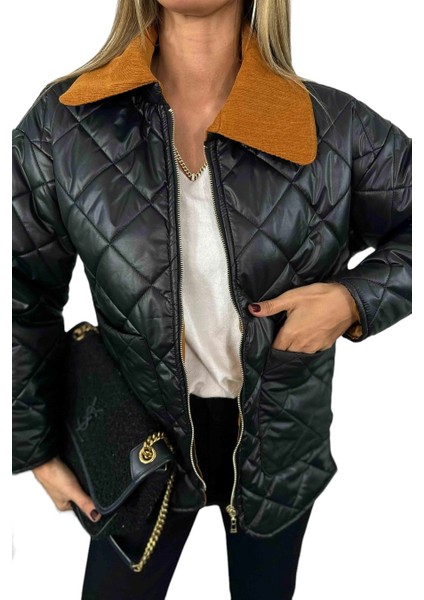 Kadife Yaka Kapitone Kadın Mont Siyah indirimleri