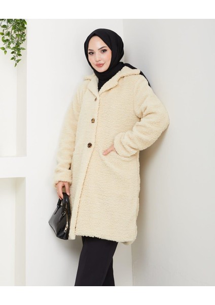 Kadın Kürk Kumaş Astarlı Düğmeli Bej Cepli Kaban