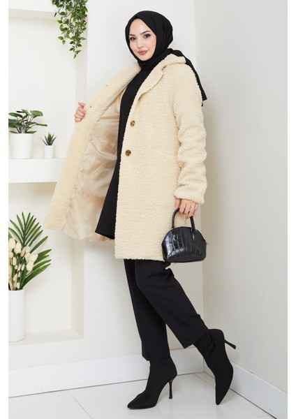 Kadın Kürk Kumaş Astarlı Düğmeli Bej Cepli Kaban fiyatları