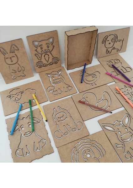 Ahşap Çiftlik Hayvanları Şablonu Çizgi Egzersizi El Kası Geliştirme 14 Parça Kutu Dahil