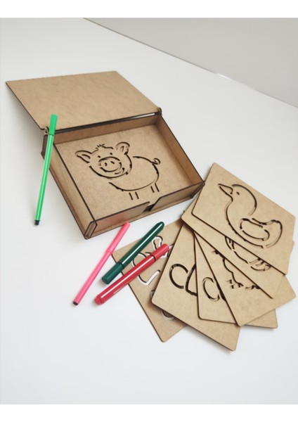 Ahşap Çiftlik Hayvanları Şablonu Çizgi Egzersizi El Kası Geliştirme 14 Parça Kutu Dahil fiyatları