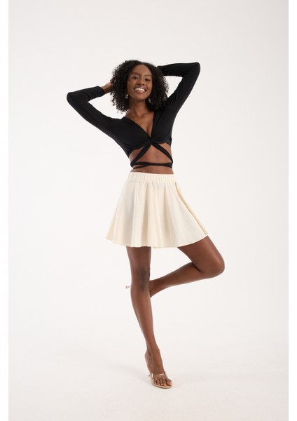 Siyah Viskon Uzun Kollu Bağlamalı Crop Bluz Kadın Günlük Bohem Tarz Üst modelleri