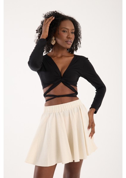 Siyah Viskon Uzun Kollu Bağlamalı Crop Bluz Kadın Günlük Bohem Tarz Üst