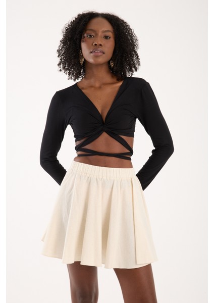 Siyah Viskon Uzun Kollu Bağlamalı Crop Bluz Kadın Günlük Bohem Tarz Üst fırsatları