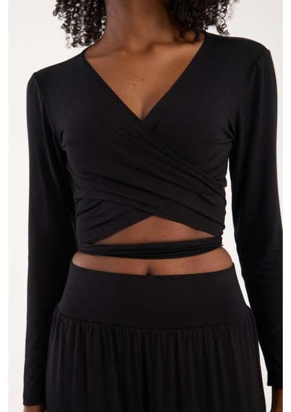 Siyah Viskon Uzun Kollu Bağlamalı Crop Bluz Kadın Günlük Bohem Tarz Üst indirimleri