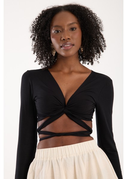 Siyah Viskon Uzun Kollu Bağlamalı Crop Bluz Kadın Günlük Bohem Tarz Üst