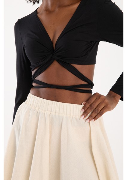 Siyah Viskon Uzun Kollu Bağlamalı Crop Bluz Kadın Günlük Bohem Tarz Üst