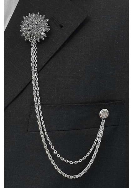 Gümüş Renk Gri Taşlı Ceket & Damatlık & Blazer Zincirli Yaka Aksesuarı