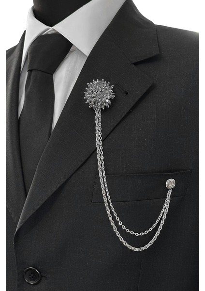 Gümüş Renk Gri Taşlı Ceket & Damatlık & Blazer Zincirli Yaka Aksesuarı fiyatları