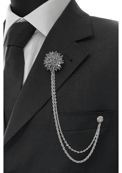 Gümüş Renk Gri Taşlı Ceket & Damatlık & Blazer Zincirli Yaka Aksesuarı modelleri