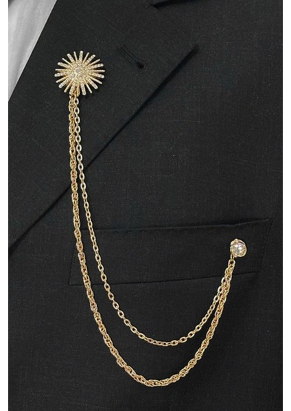 Gold Renk Yuvarlak Figür Beyaz Taşlı Ceket & Damatlık & Blazer Zincirli Yaka Aksesuarı
