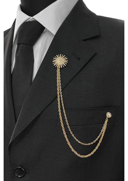 Gold Renk Yuvarlak Figür Beyaz Taşlı Ceket & Damatlık & Blazer Zincirli Yaka Aksesuarı modelleri