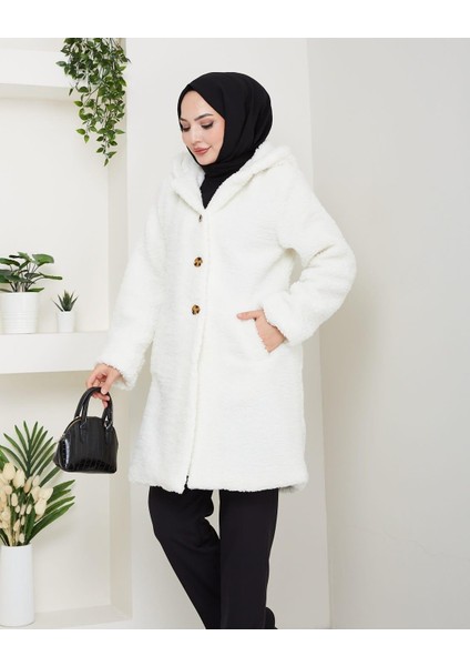Kadın Kürk Kumaş Astarlı Düğmeli Kapüşonlu Beyaz Kaban