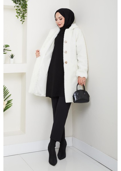 Kadın Kürk Kumaş Astarlı Düğmeli Kapüşonlu Beyaz Kaban fiyatları