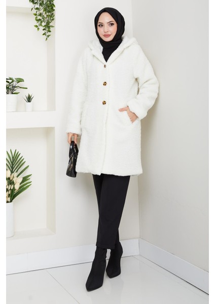 Kadın Kürk Kumaş Astarlı Düğmeli Kapüşonlu Beyaz Kaban modelleri