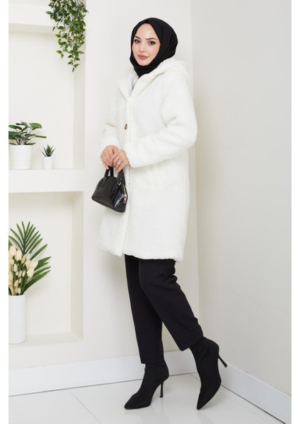 Kadın Kürk Kumaş Astarlı Düğmeli Kapüşonlu Beyaz Kaban fırsatları