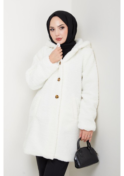 Kadın Kürk Kumaş Astarlı Düğmeli Kapüşonlu Beyaz Kaban indirimleri