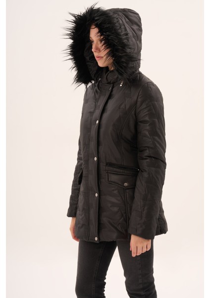 Veger Özel Desen Kapüşonlu Kapitone Mont