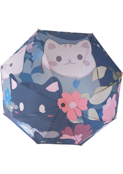 Emoji Kedi Desenli Şemsiye Rüzgara Dayanıklı Manuel Bayan Şemsiyesi