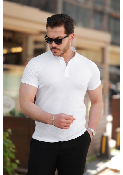 Erkek Hakim Yaka Dokuma Pamuklu Kumaş Kısa Kollu T-Shirt