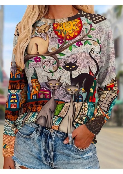Kedi Baskılı Çok Renkli Bluz fırsatları