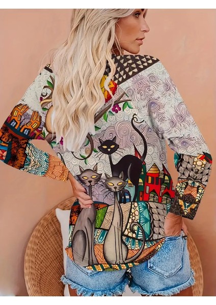 Kedi Baskılı Çok Renkli Bluz indirimleri